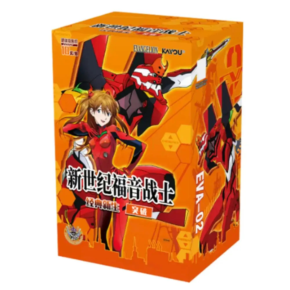 Orange cardboard box featuring neon genesis evangelion character cards with red eva-02 mech style designs and branding