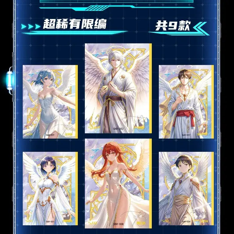 Set of six neon genesis evangelion collectible cards featuring angel-themed characters in white robes with golden frames