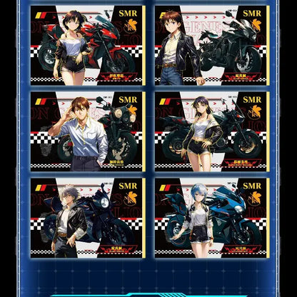 Six neon genesis evangelion character cards featuring anime racers and motorcycles with bold smr branding in mech style collection