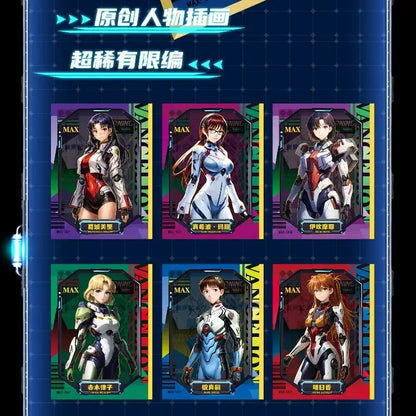 Six neon genesis evangelion character cards featuring female figures in colorful futuristic combat suits from mech style collection