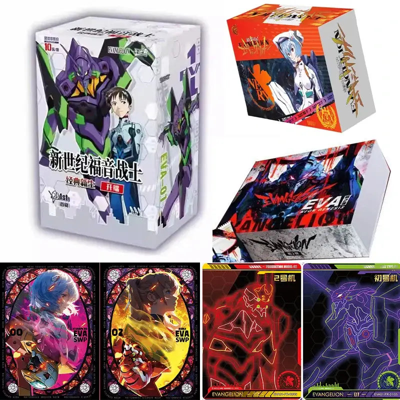 White cardboard box featuring purple and green evangelion unit and anime character labeled 新世纪福音战士 for neon genesis evangelion cards