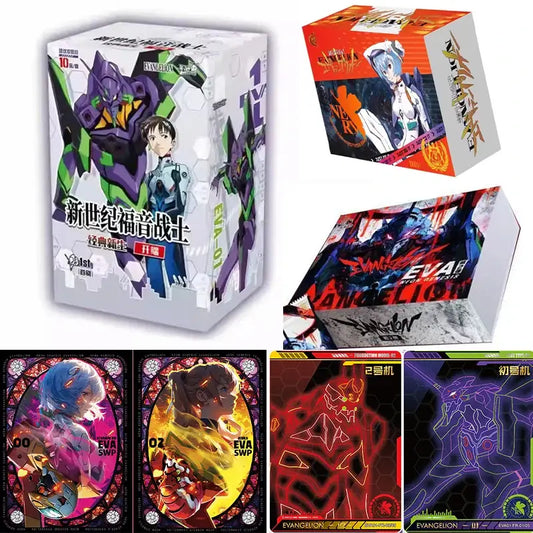 White cardboard box featuring purple and green evangelion unit and anime character labeled 新世纪福音战士 for neon genesis evangelion cards