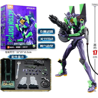 Neon genesis evangelion eva-01 assembled figure in purple and green with articulated joints holding a large weapon