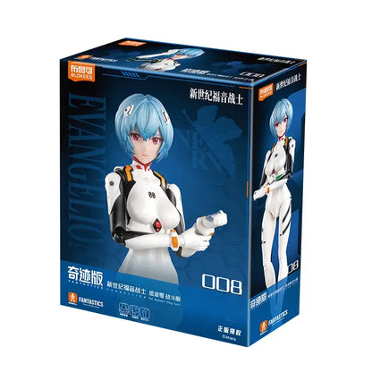 Blue-haired neon genesis evangelion assembled figure in white and black combat suit with orange accents in official box