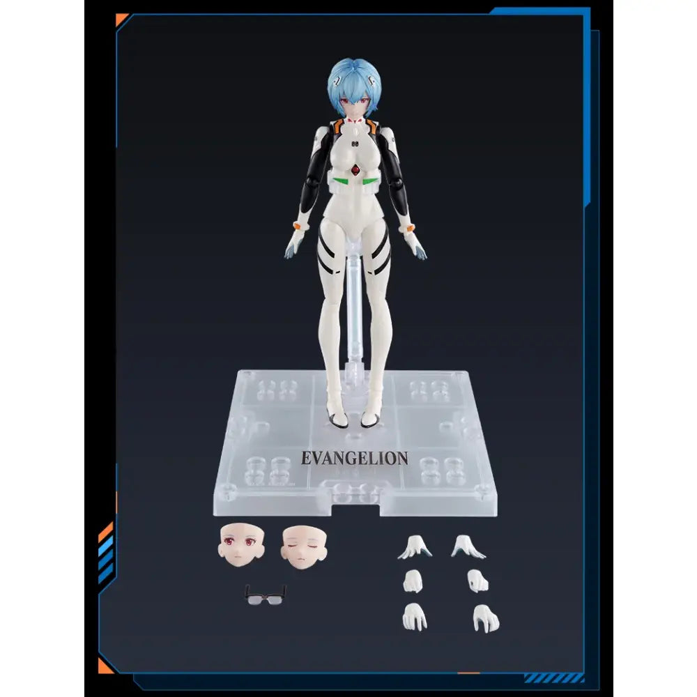 White and black neon genesis evangelion assembled figure with blue hair standing on a clear plastic base