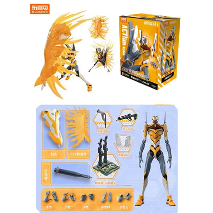 Neon Genesis Evangelion EVA-01 orange and gray building blocks figure with articulated joints and accessories