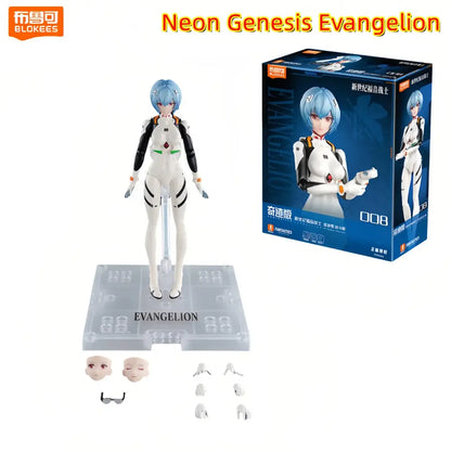 Neon genesis evangelion eva-01 building blocks figure featuring white and black plastic articulated pilot with blue hair