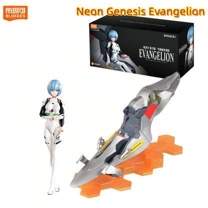 Neon genesis evangelion eva-01 building blocks figure with blue-haired pilot and silver red yellow eva unit on orange base
