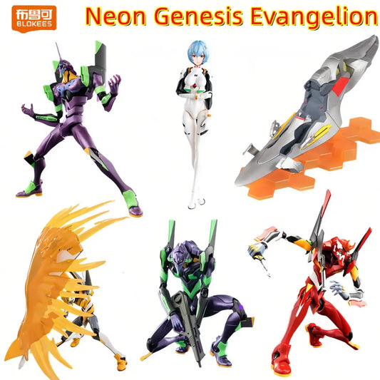 Purple and green neon genesis evangelion eva-01 building blocks figure with articulated joints and detailed armor plating in dynamic pose