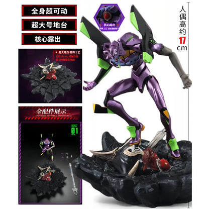 Purple and green evangelion unit-02 building blocks figure with articulated limbs standing on a black rocky base