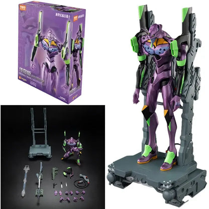 Purple and green neon genesis evangelion eva-01 legend edition model kit figure with black yellow and orange accents on gray stand