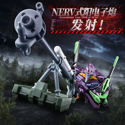 Purple and green neon genesis evangelion eva-01 model kit legend edition stands beside gray nerv mobile artillery piece