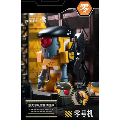 Neon genesis evangelion stylized blocky robot action figure with blue yellow body red eye and mechanical armor