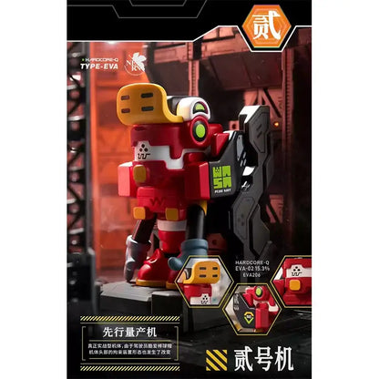 Neon genesis evangelion eva action figure in red and yellow with black armor and green glowing eyes distinctive head design
