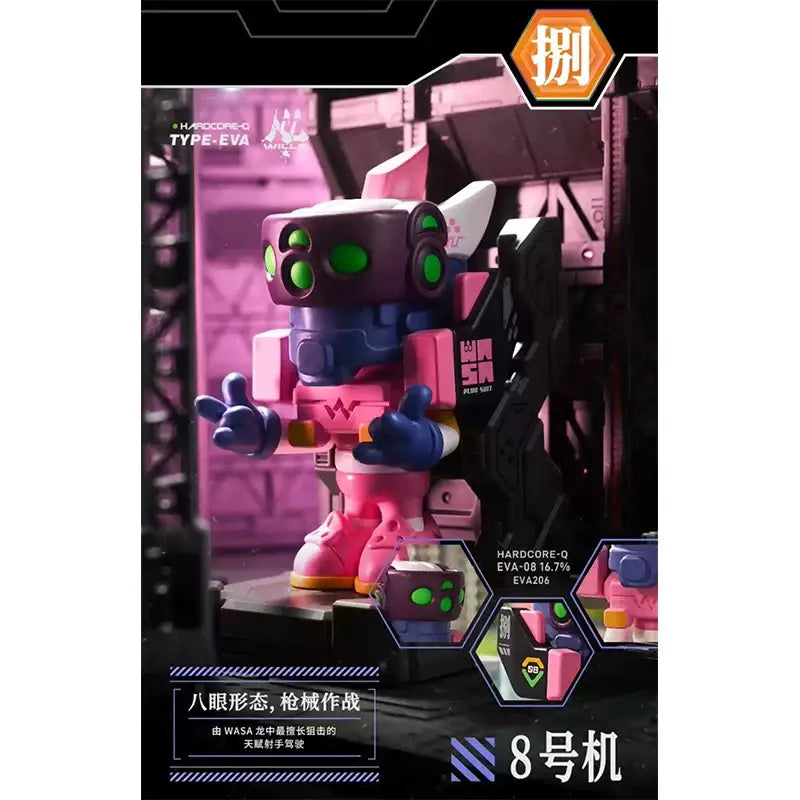 Neon genesis evangelion eva action figure in vibrant pink and purple with green glowing eyes and stylized design