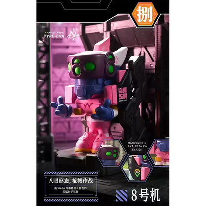 Neon genesis evangelion eva action figure in vibrant pink and purple with green glowing eyes and stylized design
