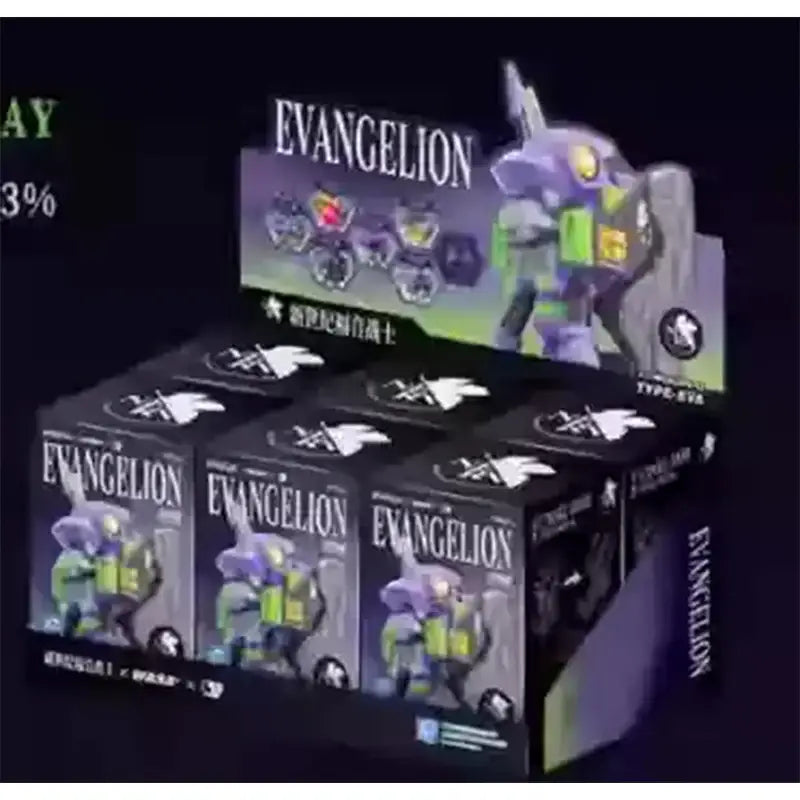 Black cardboard display box featuring neon genesis evangelion type-02 figures with purple and green accents in collection mode
