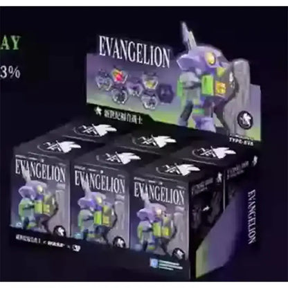 Black cardboard display box featuring neon genesis evangelion type-02 figures with purple and green accents in collection mode