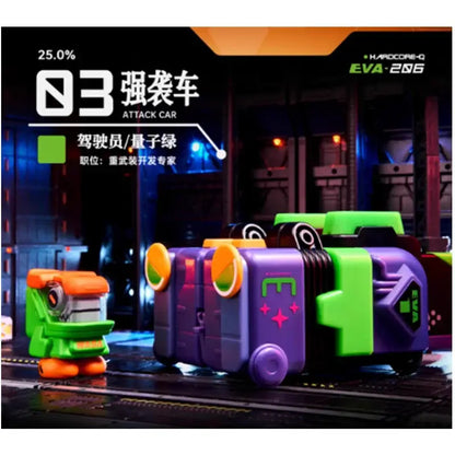 Purple and green plastic toy attack car with orange accents inspired by eva-206 in neon genesis evangelion action figure collection