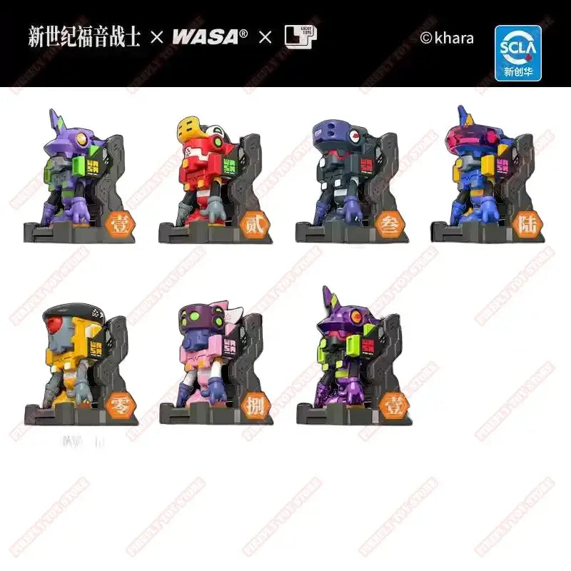 A set of eight colorful stylized neon genesis evangelion robot figurines from the neon genesis evangelion x wasa collaboration