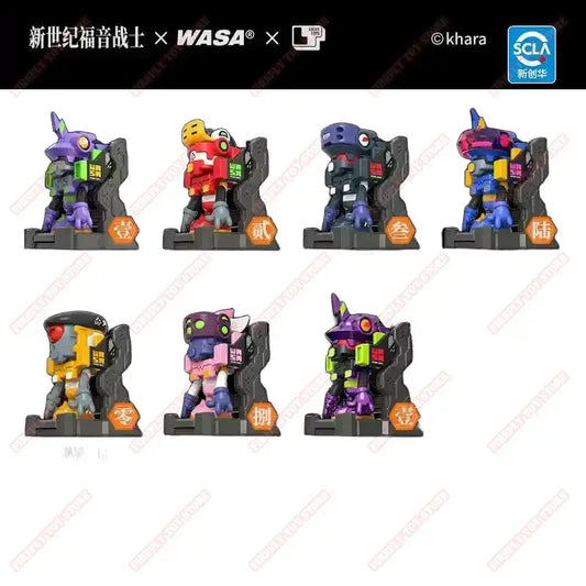 A set of eight colorful stylized neon genesis evangelion robot figurines from the neon genesis evangelion x wasa collaboration