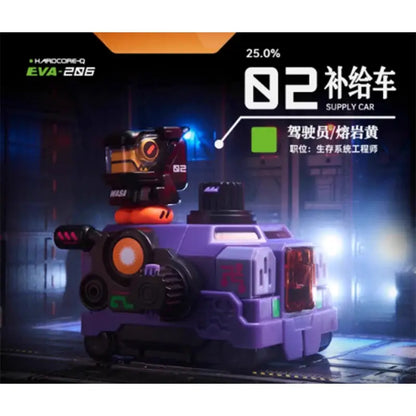 Purple and black plastic toy supply car from neon genesis evangelion eva 206 hardcore-q series with orange glowing accents and yellow driver figure