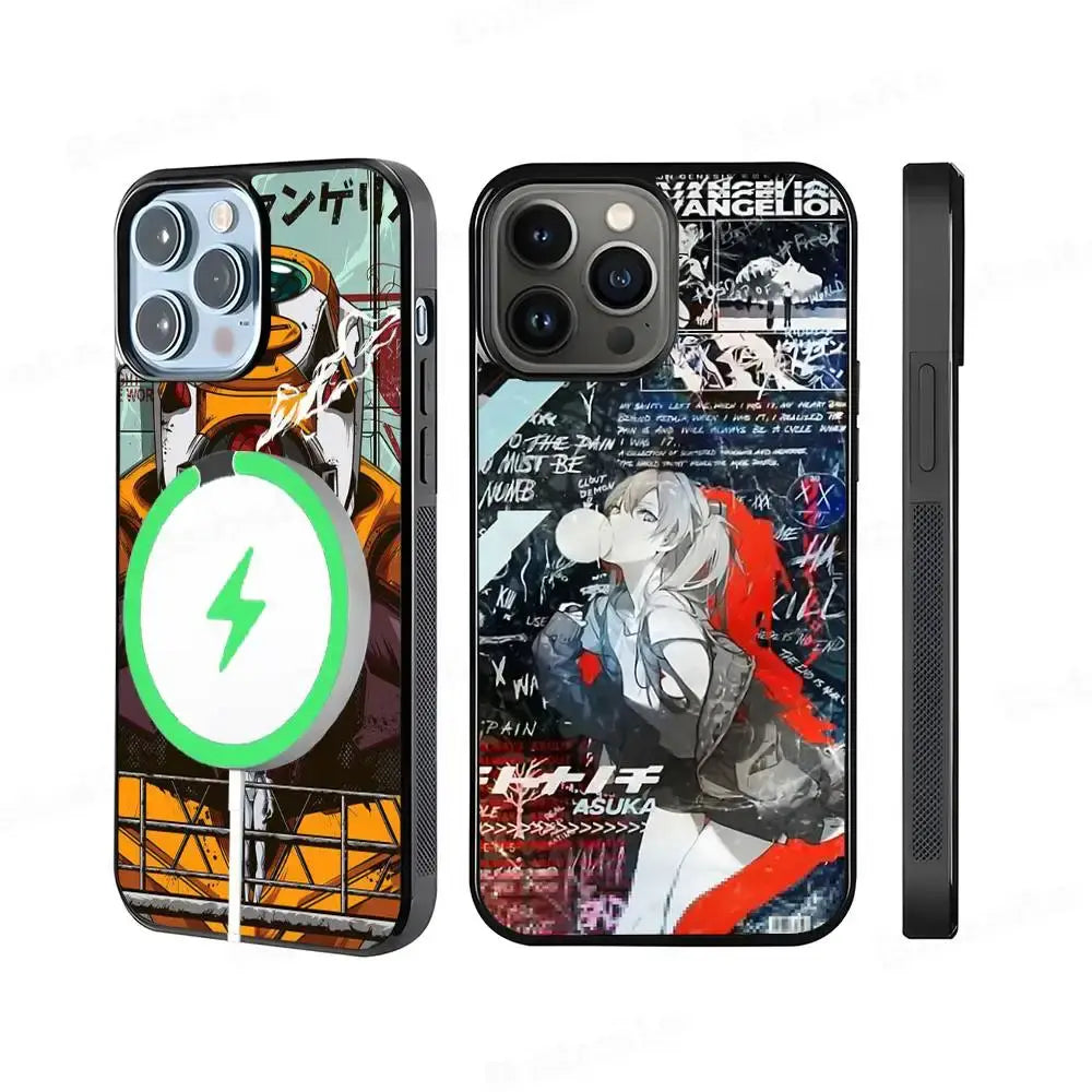 Black genesis evangelion eva magsafe phone case with asuka anime art and green magnetic charging symbol on back side