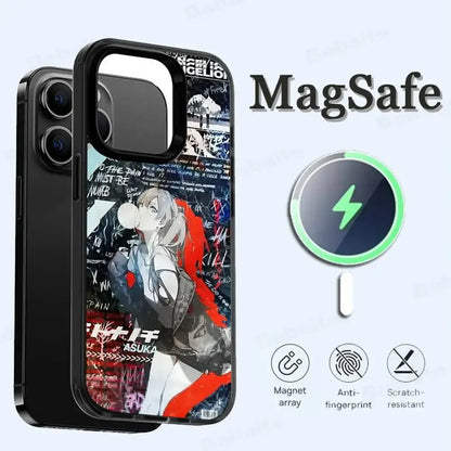 Black genesis evangelion eva magsafe phone case featuring vibrant asuka anime illustration with red and white accents on back