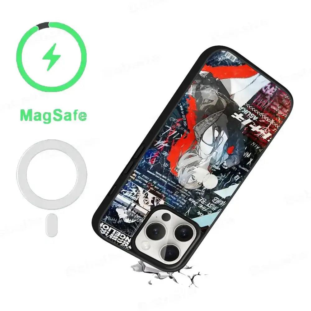 Back of black genesis evangelion eva magsafe phone case with vibrant graffiti-style anime design and red white accents