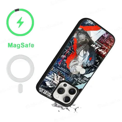 Back of black genesis evangelion eva magsafe phone case with vibrant graffiti-style anime design and red white accents