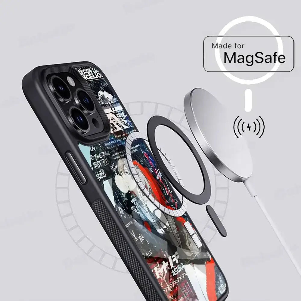 Black neon genesis evangelion eva magsafe phone case with vibrant anime graphic and magnetic cover on back side