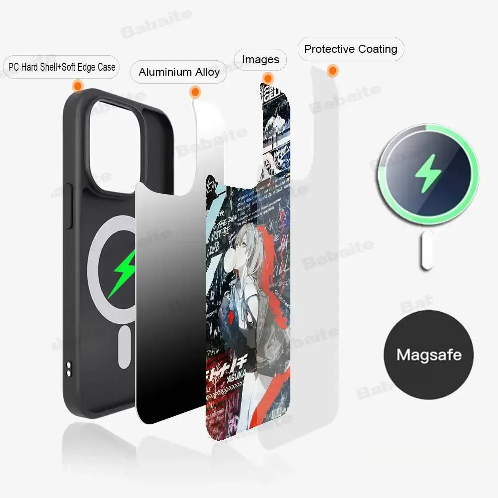 Black genesis evangelion eva magsafe phone case with vibrant red and white anime character design on the back