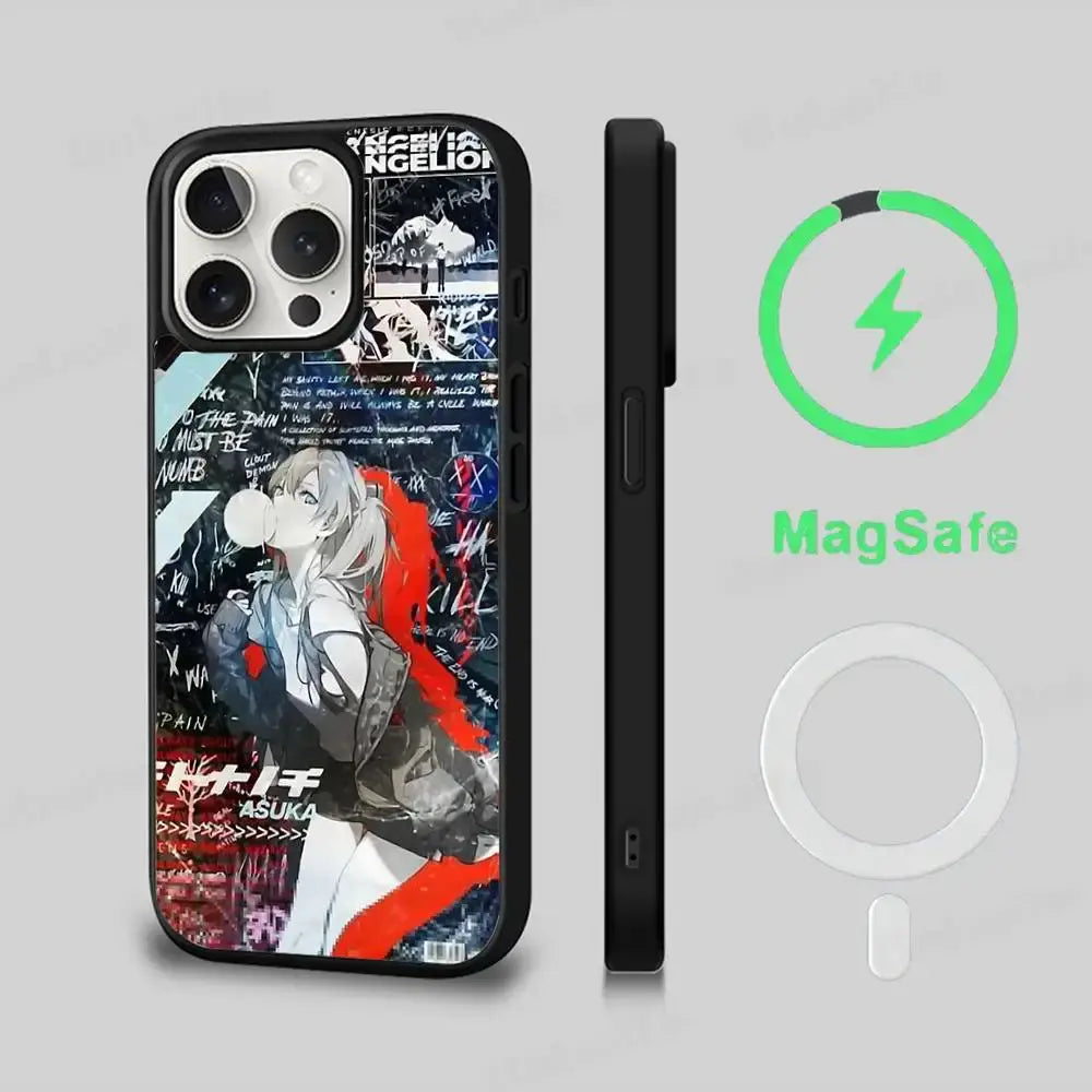 Black genesis evangelion eva magsafe phone case with glossy red accents and anime asuka langley soryu illustration on back