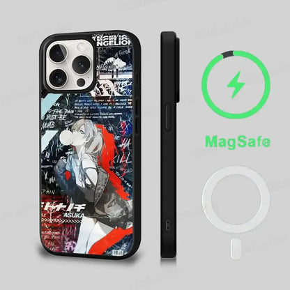 Black genesis evangelion eva magsafe phone case with glossy red accents and anime asuka langley soryu illustration on back