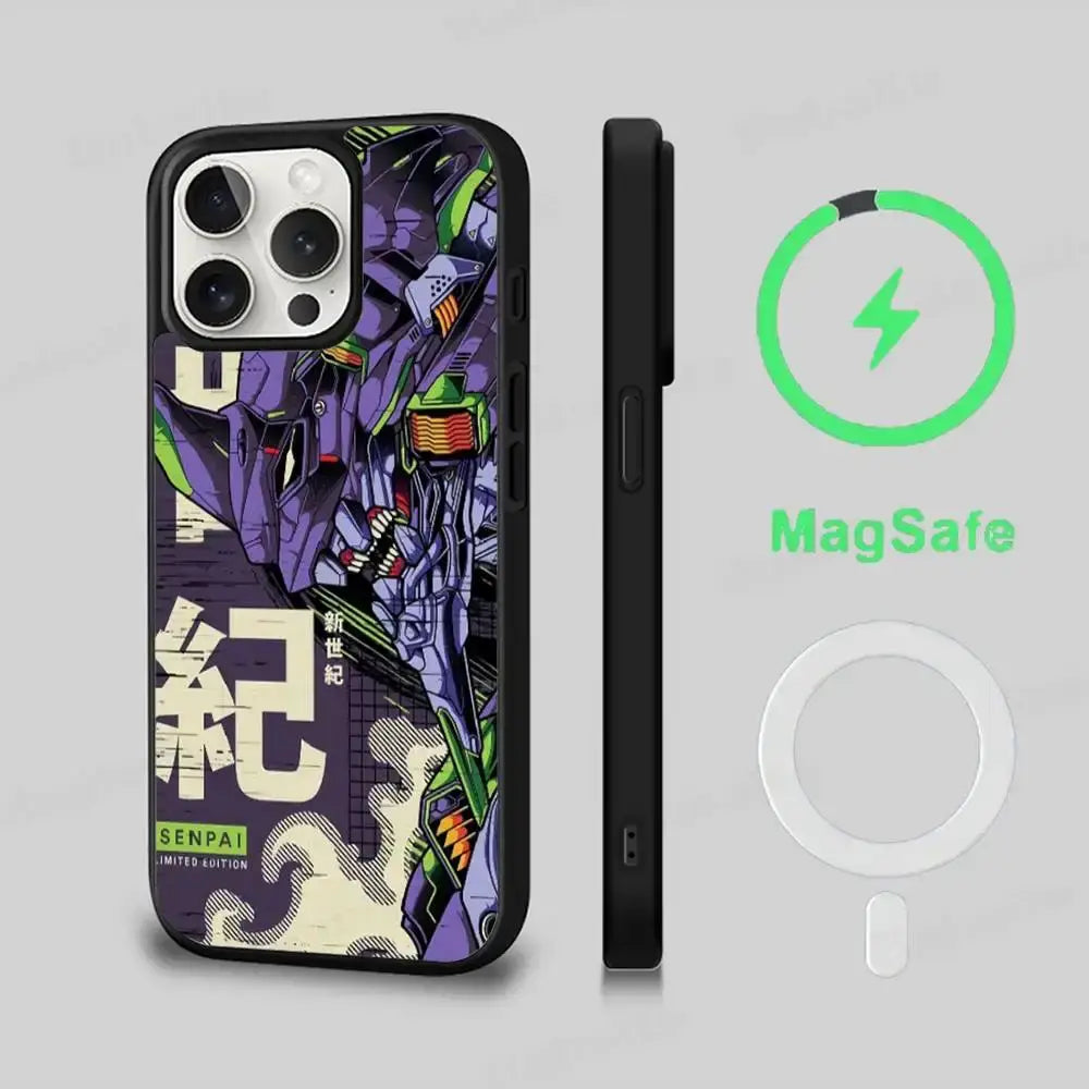 Purple and green genesis evangelion eva magsafe phone case with black edges and bold japanese characters on the back side