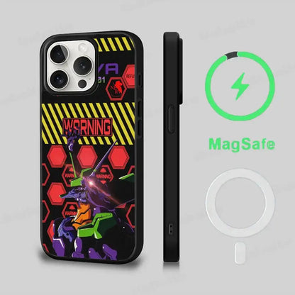 Black evangelion eva magsafe phone case with vibrant unit-01 design and yellow hazard stripe background on back side