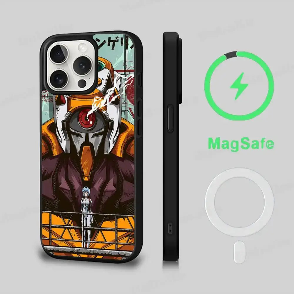 Black genesis evangelion eva magsafe phone case with vibrant orange robot illustration designed for magnetic cover use