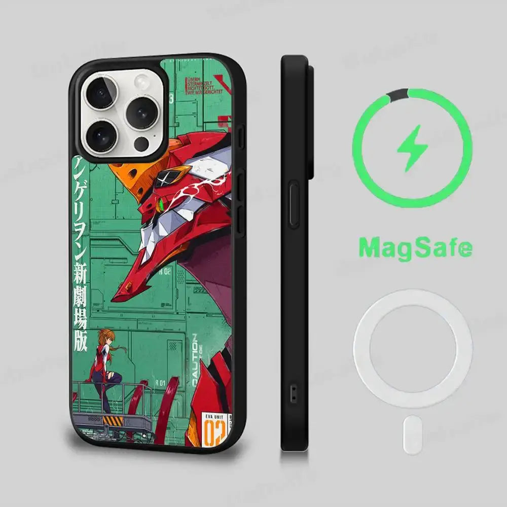 Red and orange genesis evangelion eva magsafe phone case with magnetic cover and green circuit board background design back view