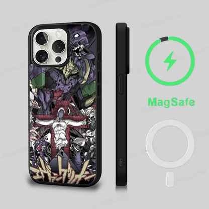 Black genesis evangelion eva magsafe phone case with detailed anime illustration and magnetic eva magsafe phone cover back view