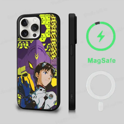 Black genesis evangelion eva magsafe phone case back featuring purple evangelion unit with white armor and yellow text accents