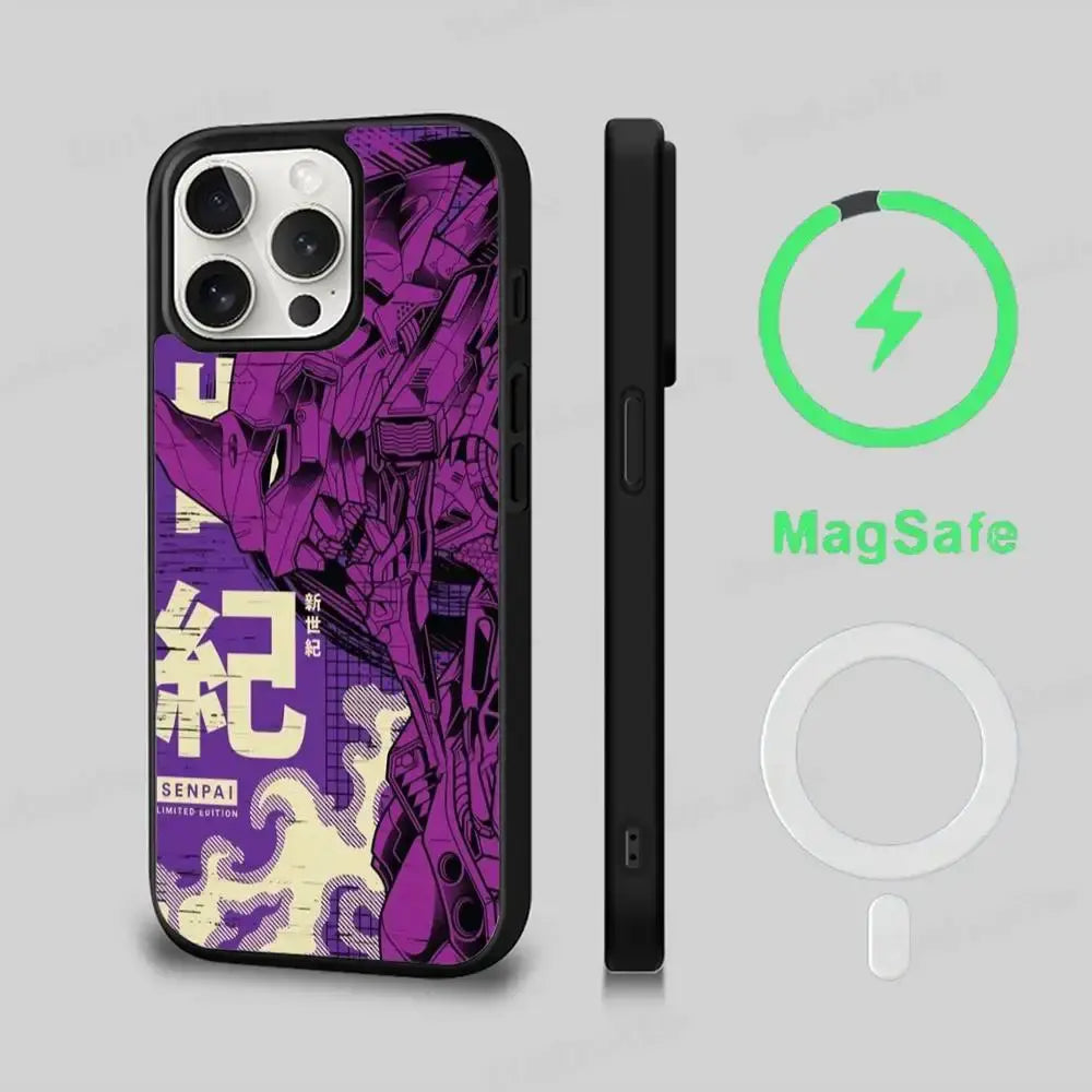 Back view of a purple and cream genesis evangelion eva magsafe phone case with black edges and mecha design