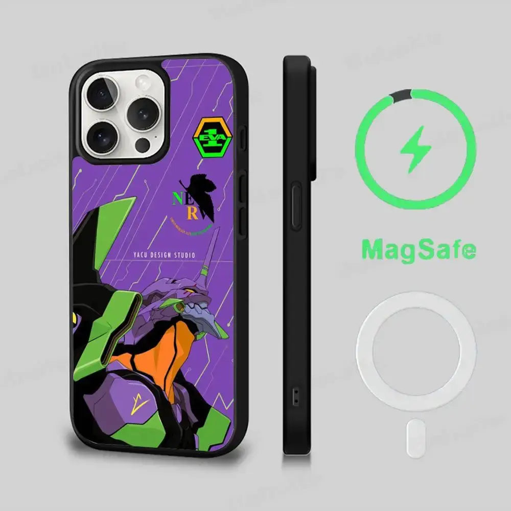 Purple and green genesis evangelion eva magsafe phone case with black trim and stylized mecha design back view