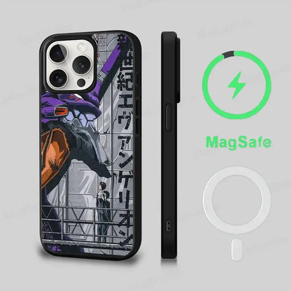 Black genesis evangelion eva magsafe phone case with purple and orange unit-01 anime illustration and japanese text on back