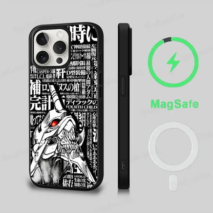 Black genesis evangelion eva magsafe phone case with white and red evangelion design and japanese text on back side
