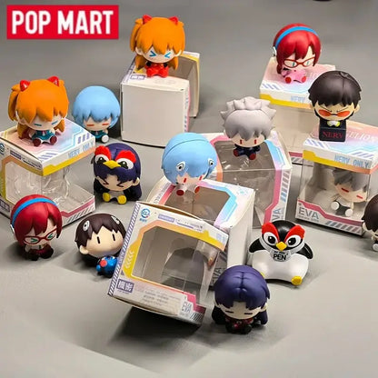 A collection of colorful chibi-style neon genesis evangelion mini figurines from pop mart nerv only line as magnetic fridge magnets