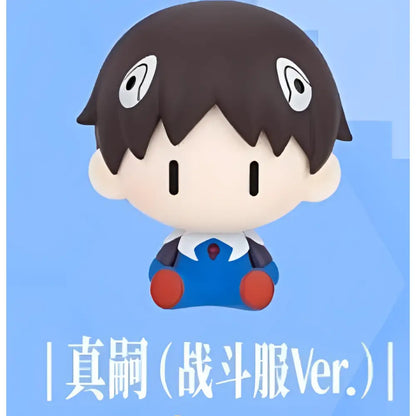 A cute neon genesis evangelion mini figurine of a boy in a blue outfit with red accents as a magnetic fridge magnet