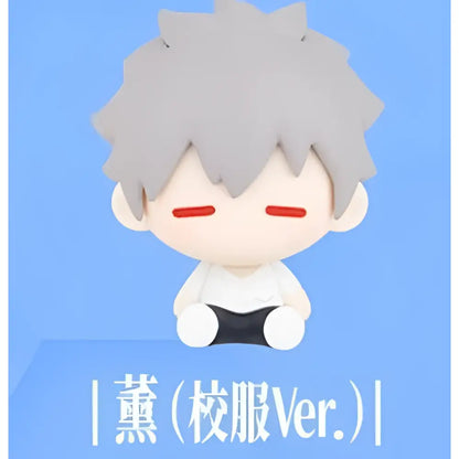 Gray-haired chibi neon genesis evangelion mini figurine with red eyes wearing white shirt and black shorts magnetic magnet