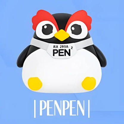 Neon genesis evangelion mini figurine fridge magnet shaped like a black and white penguin pen case with red and yellow accents