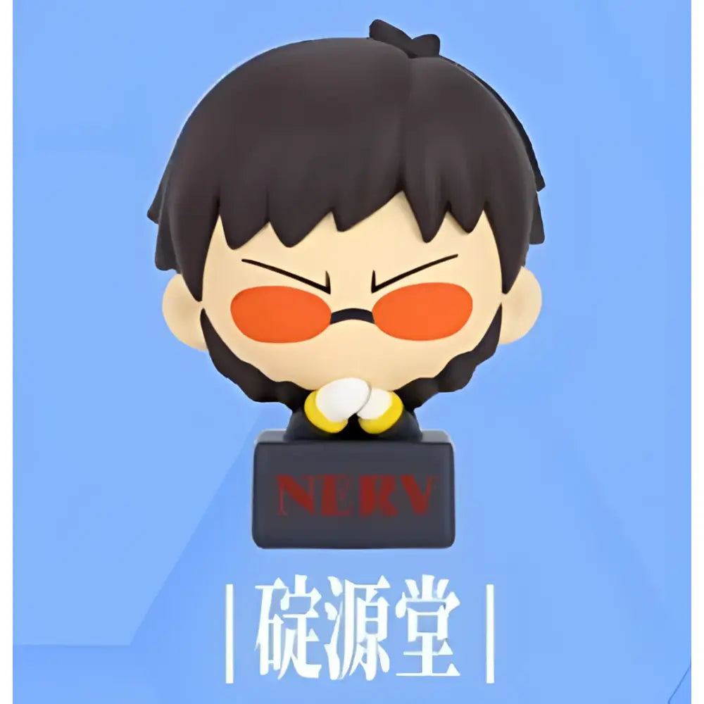Black plastic eva mini figurine with orange sunglasses yellow gloves holding magnetic nerv base for fridge use