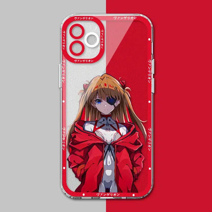 Red and clear shockproof silicone neon genesis evangelion eva phone case featuring anime character with blonde hair and eye patch